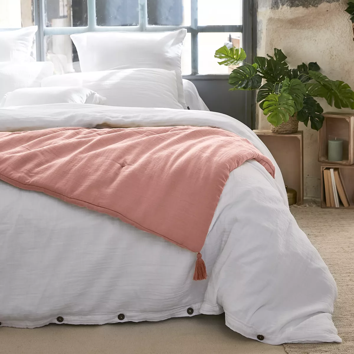 Edredón en gasa de algodón (150 x 150 cm) Gaïa Rosa durazno 1