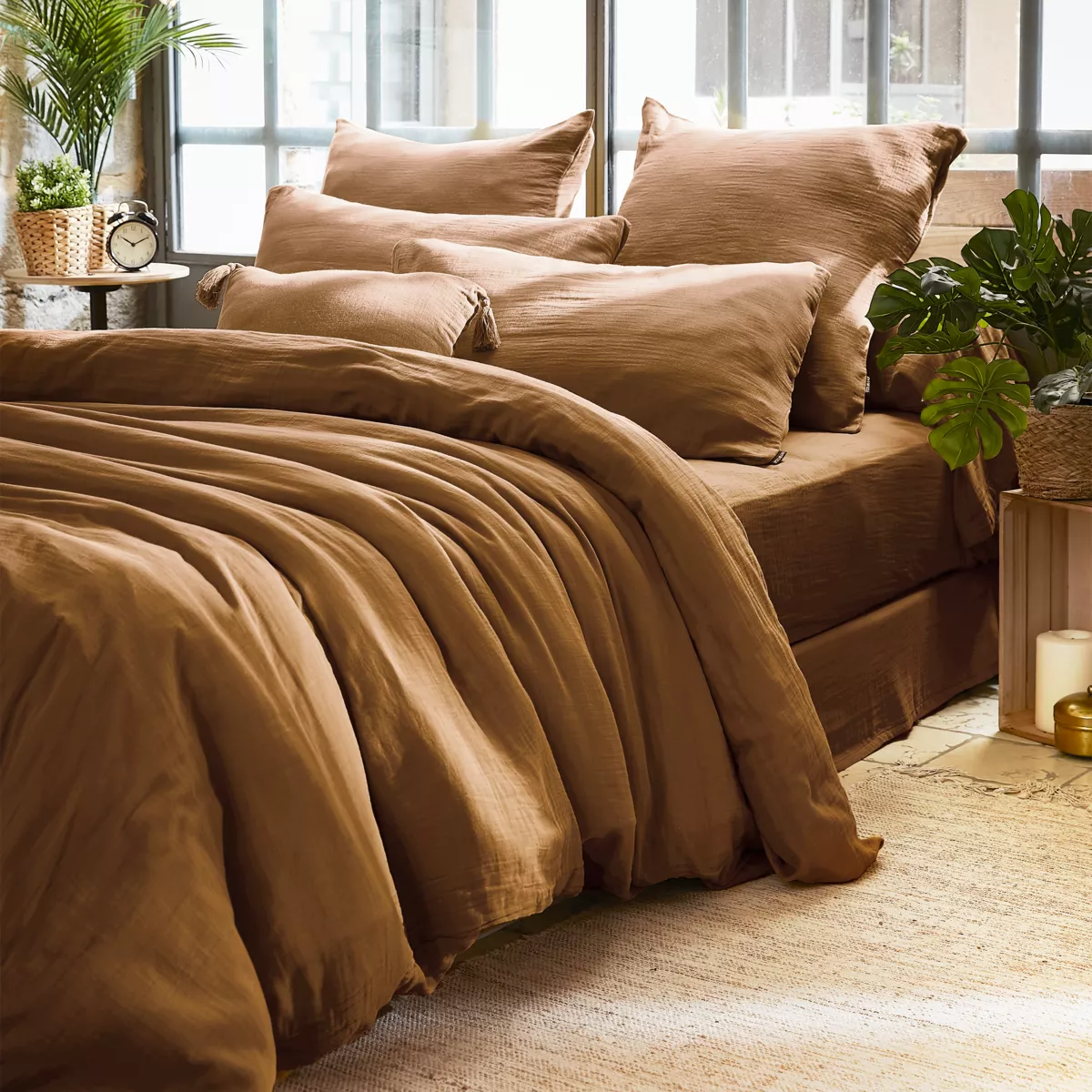 Kussensloop vierkant katoengaas (60 cm) Gaïa Camel