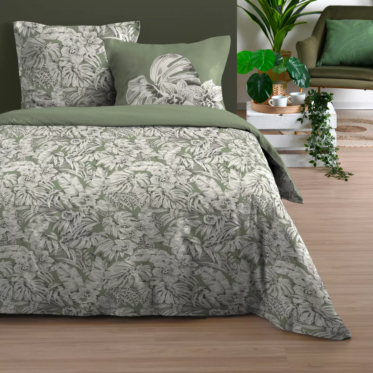 Housse de couette et deux taies coton (240 x 220 cm) Maissa Verte