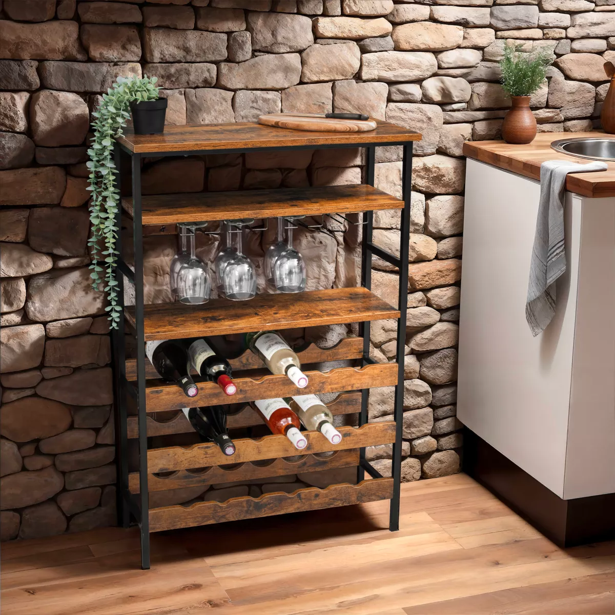 Mueble portabotellas industrial con 18 compartimentos y portavasos (H100 cm) Hugo Marrón 1