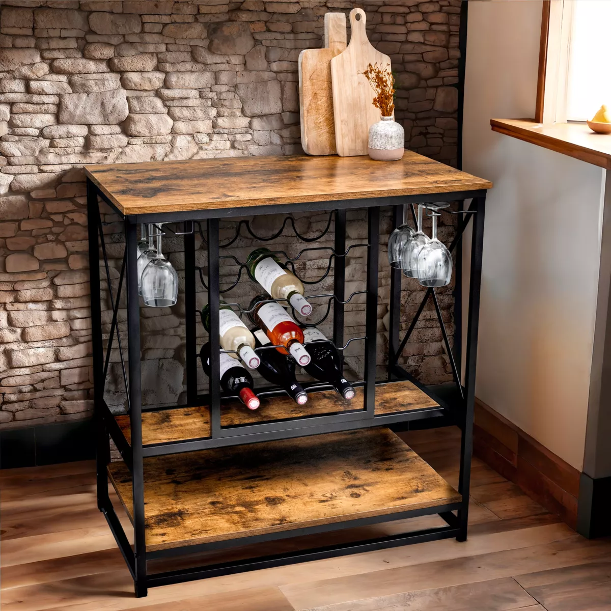 Mueble portabotellas industrial con 12 compartimentos y portavasos (H86 cm) Louis Marrón 1