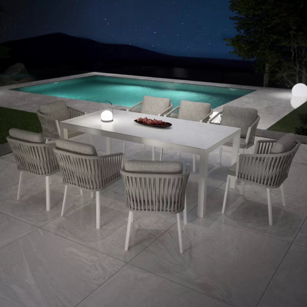 Mesa de jardín 8 personas Aluminio/Cerámica Modena (180 x 90 cm) - Blanco/Gris