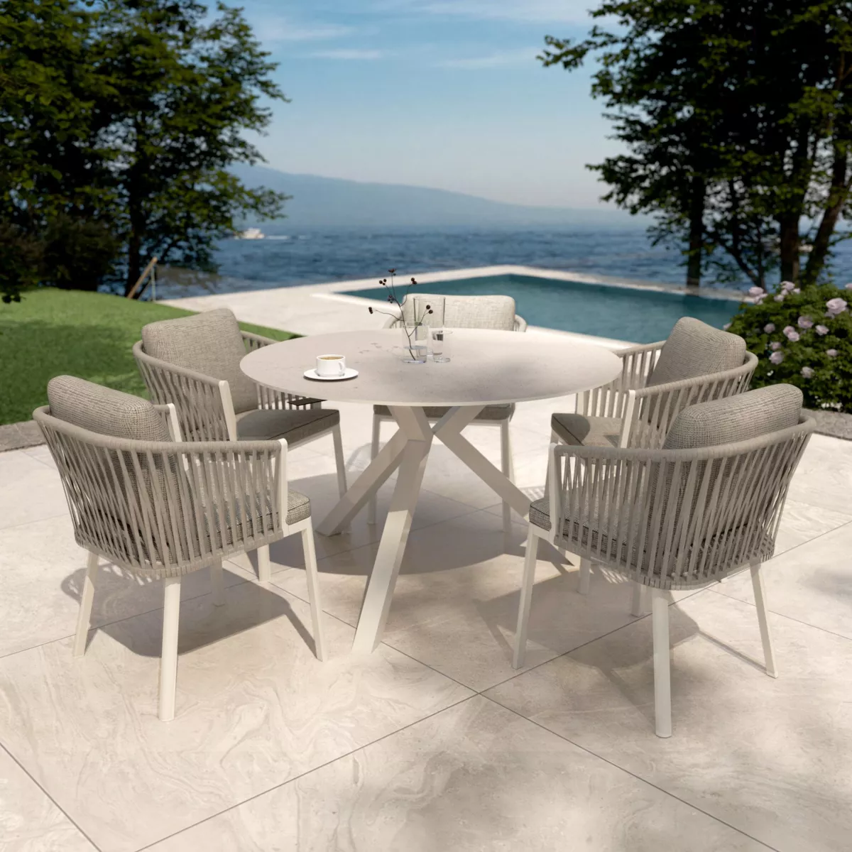 Gartentisch Aluminium/Keramik - bis zu 6 Pers. Kore (D120 cm) - Weiß/Hellgrau