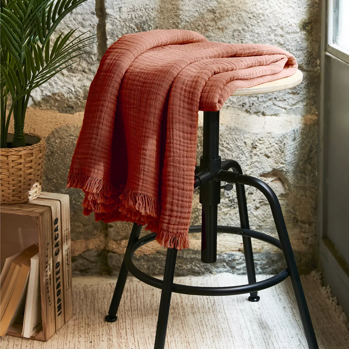 Manta en gasa de algodón (160 cm) Gaïa terracota 1