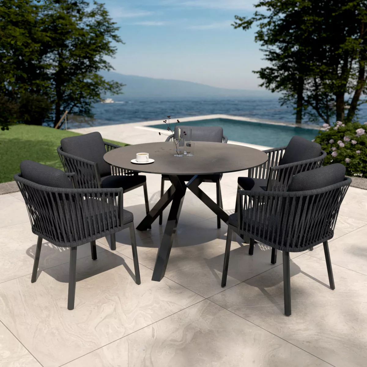 Mesa de jardín 6 personas Aluminio/Cerámica Kore (D120 cm) - Gris antracita