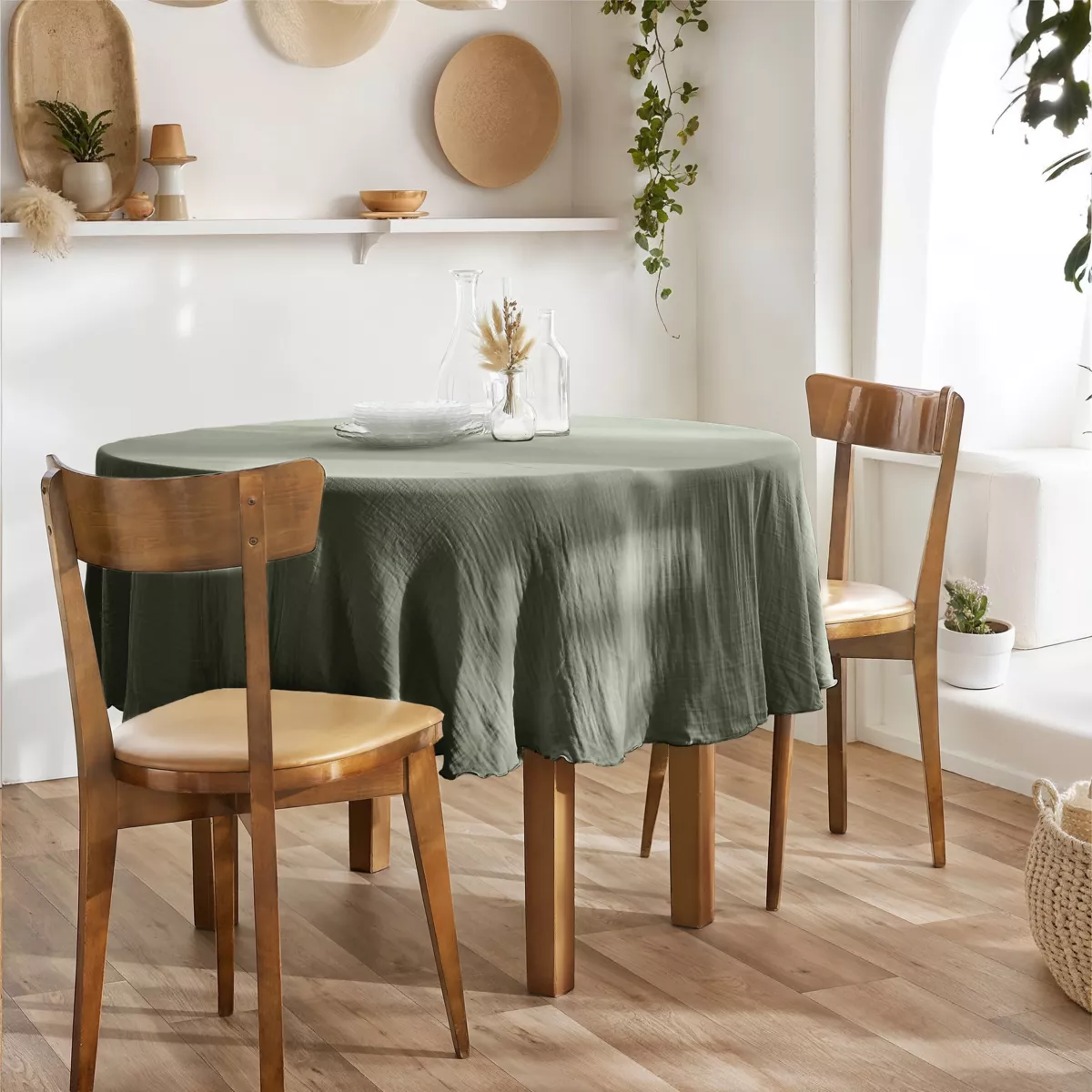 Tovaglia rotonda in cotone a rete (180 cm) Gaia Verde rosmarino