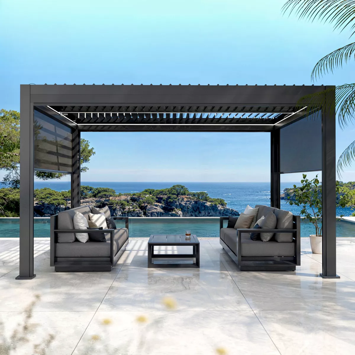 Motorisierte bioklimatische Wandpergola Aluminium und LED (3 x 4 m) New Anthrazitgrau