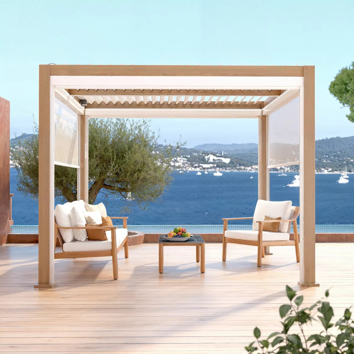 Pergola bioclimatique autoportée motorisée aluminium (3 x 3 m) LED - Bois