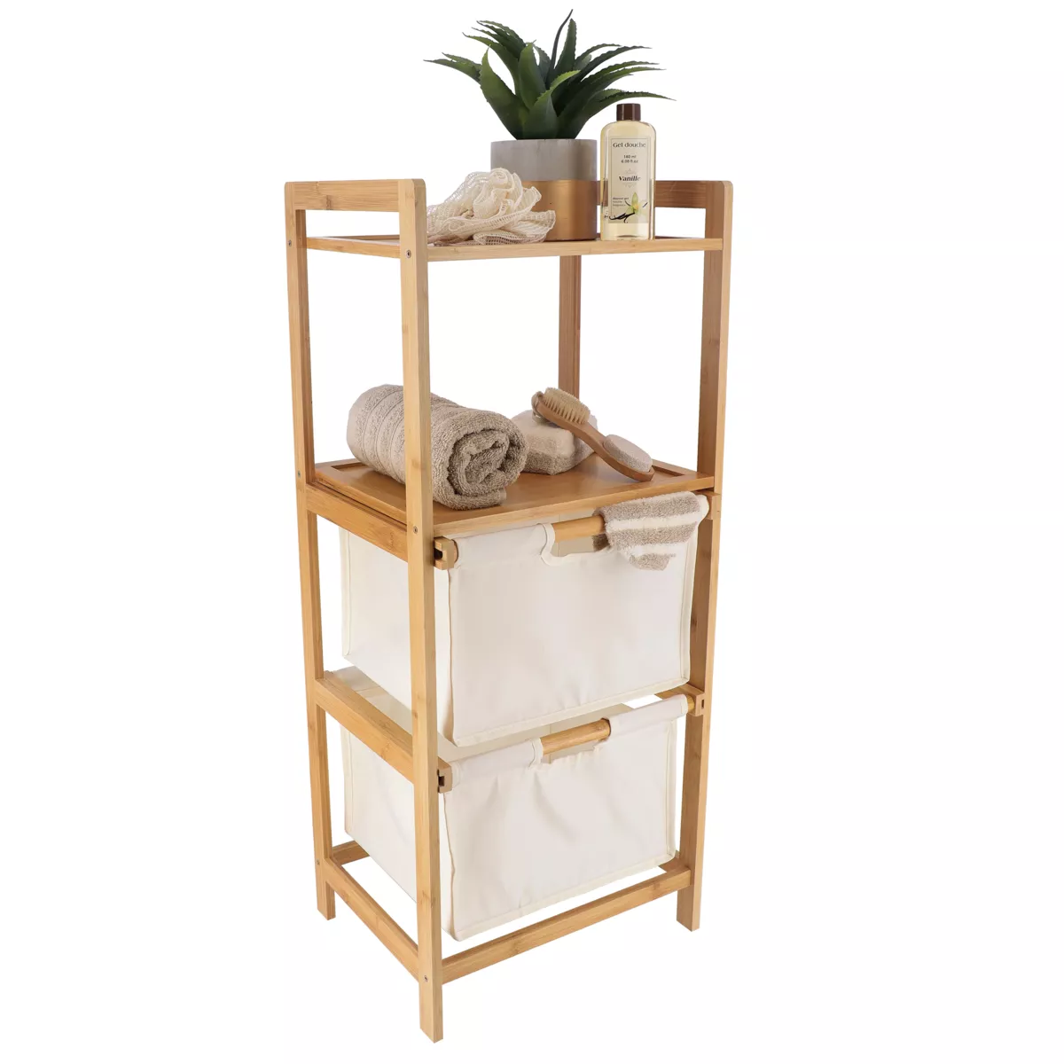 MEUBLE BAMBOU 2 PANIERES POLYESTER + ETAGERES - NATUREL/BAMBOU