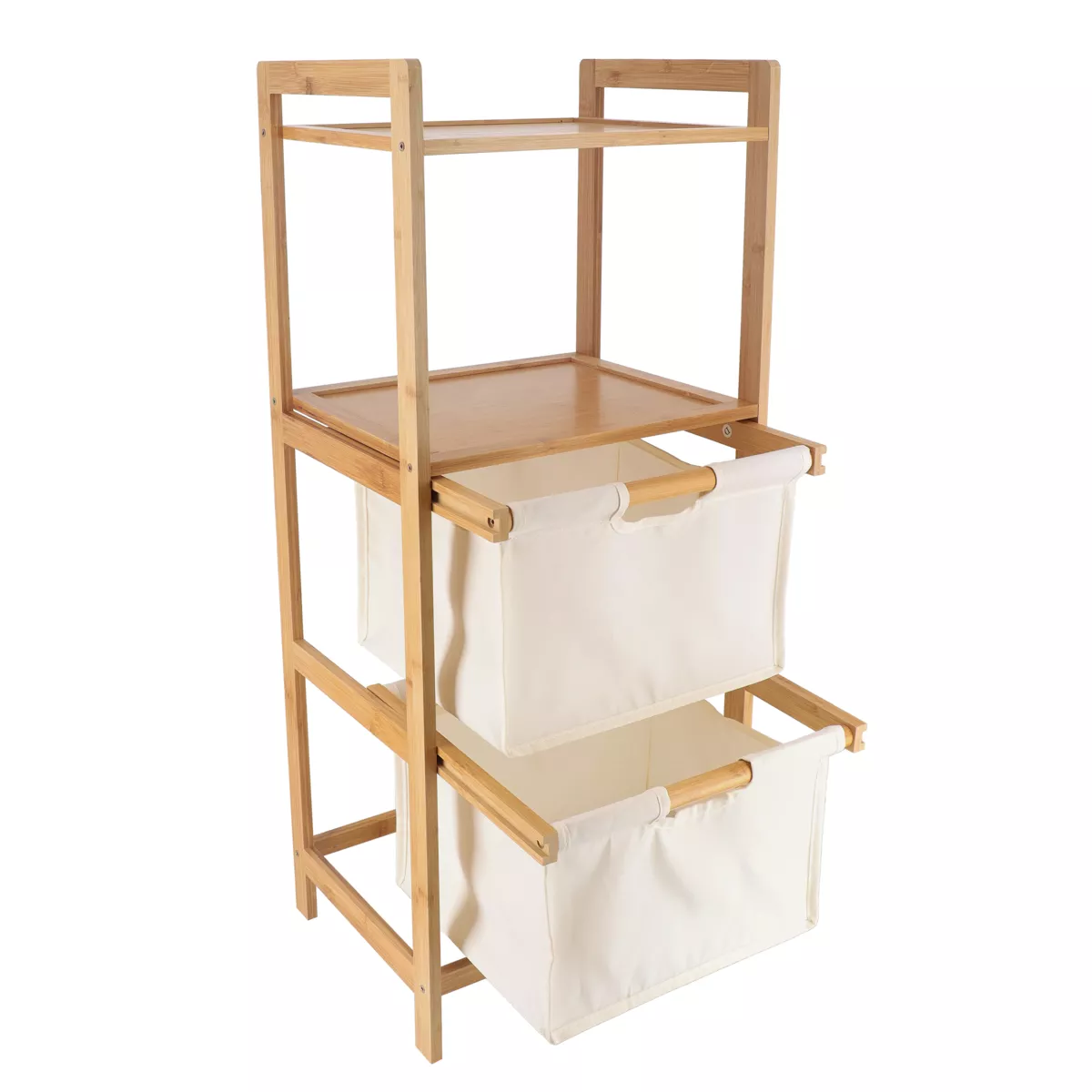 MEUBLE BAMBOU 2 PANIERES POLYESTER + ETAGERES - NATUREL/BAMBOU