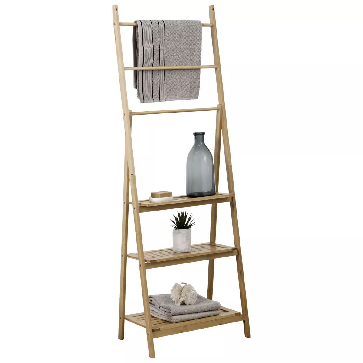 Porte-serviettes en bambou avec support pour serviette de bain et