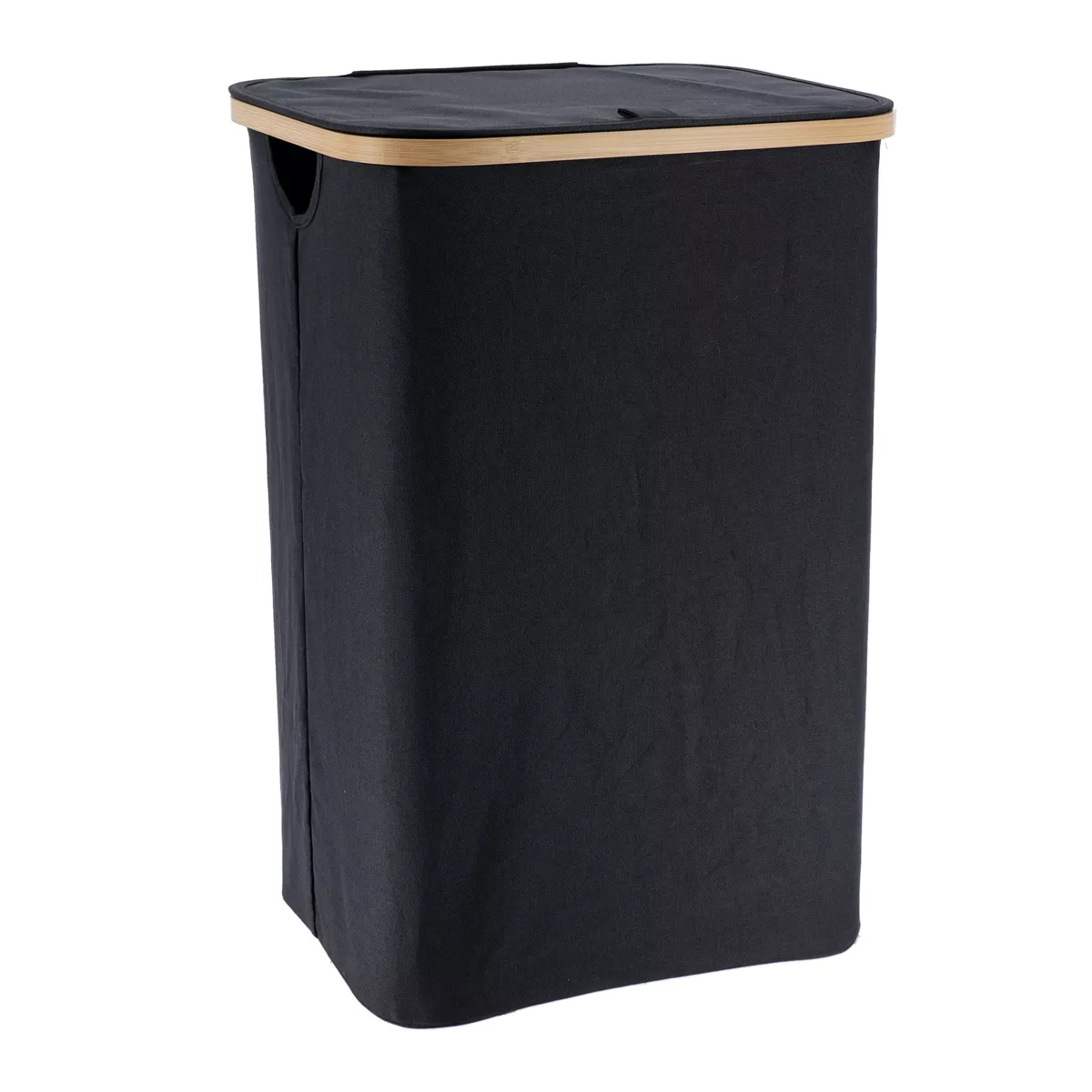 PANIERE A LINGE RECTANGULAIRE PLIABLE AVEC COUVERCLE POLYESTER ET CERCLAGE BAMBOU - NOIR/BAMBOU