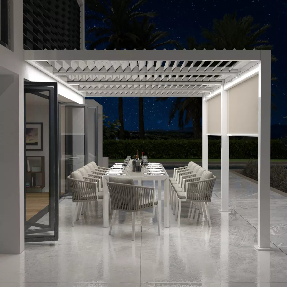 Pergola bioclimatique adossée motorisée aluminium (3 x 6 m) LED - Blanc
