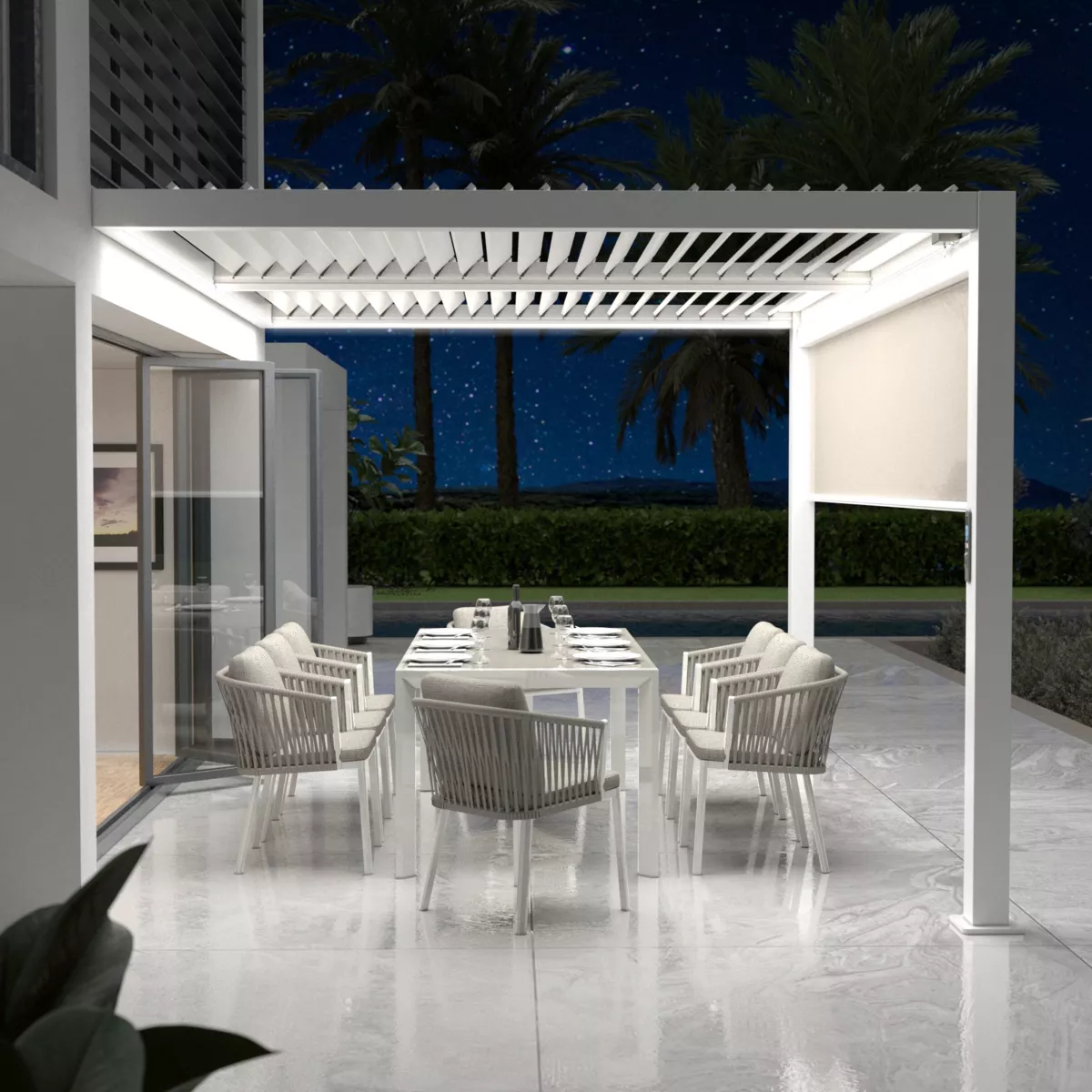 Pergola bioclimatique adossée motorisée aluminium (3 x 4 m) LED - Blanc