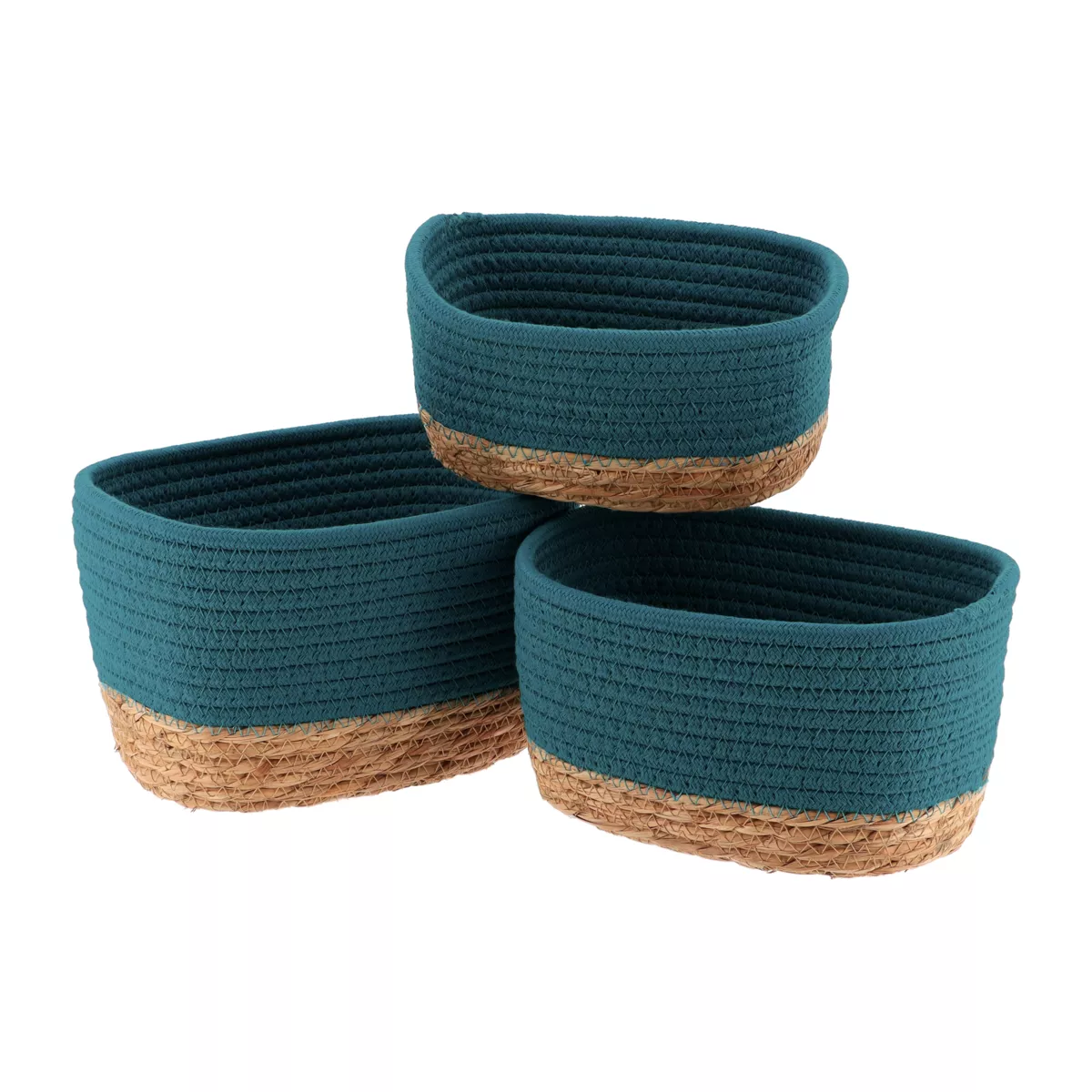 SET DE 3 PANIERS RECTANGULAIRE COTON/MATIERE VEGETALE - BLEU TAHITIEN/NATUREL