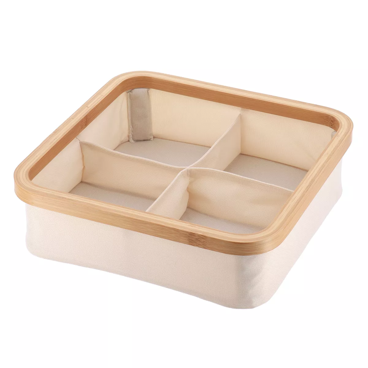 PANIER CARRE PLIABLE POLYESTER 4 COMPARTIMENTS DE RANGEMENT CERCLAGE BAMBOU - NATUREL/BAMBOU