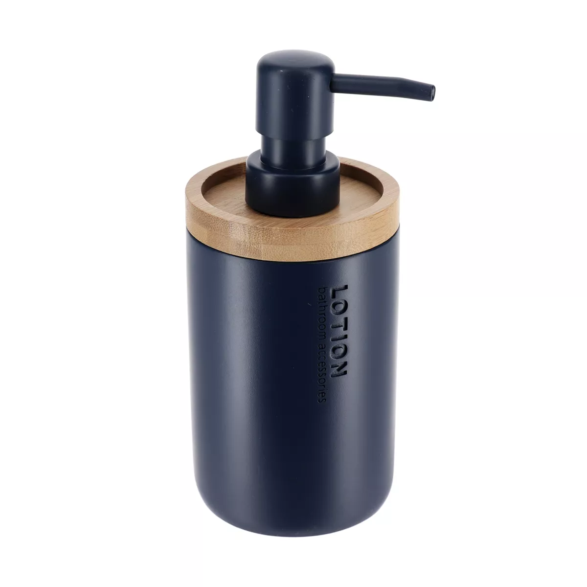 SET GOBELET DISTRIBUTEUR A SAVON ET PORTE SAVON POLYRESINE - BLEU MARINE/BAMBOU