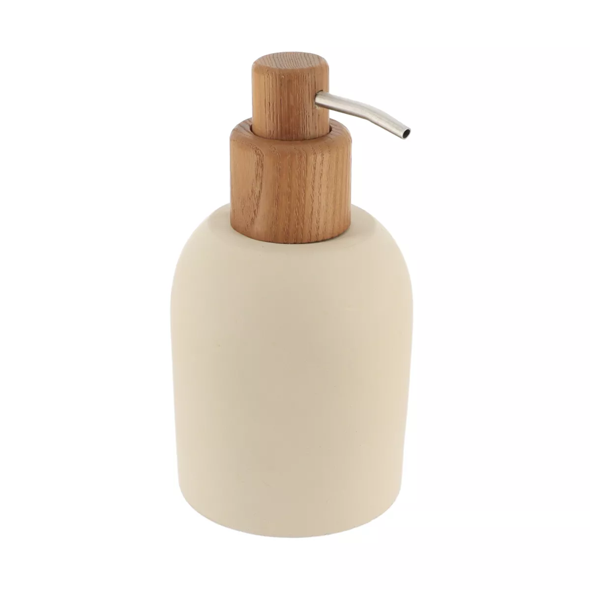 SET GOBELET DISTRIBUTEUR A SAVON ET PORTE SAVON POLYRESINE CIMENT ET ACACIA ARRONDI - BEIGE