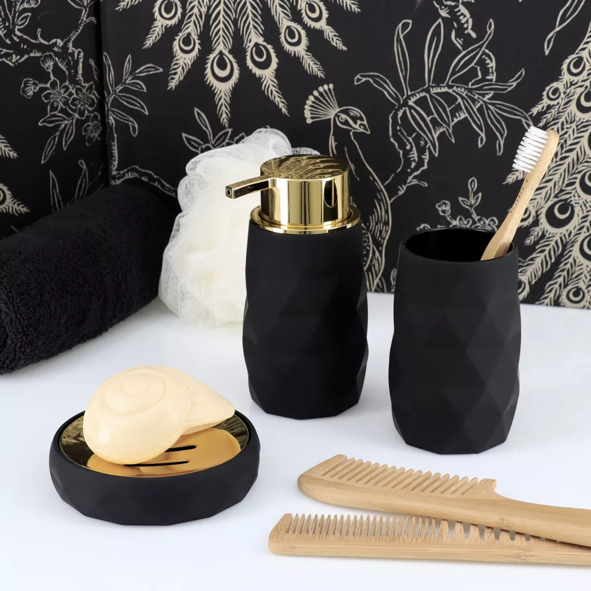 SET GOBELET DISTRIBUTEUR A SAVON ET PORTE SAVON ABS + RUBBER - NOIR