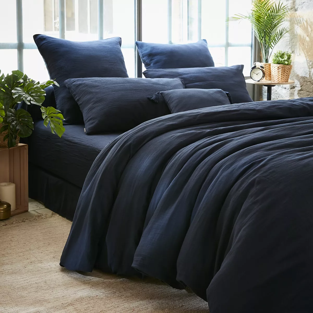 Drap housse gaze de coton (90 x 200 cm) Gaïa Bleu nuit