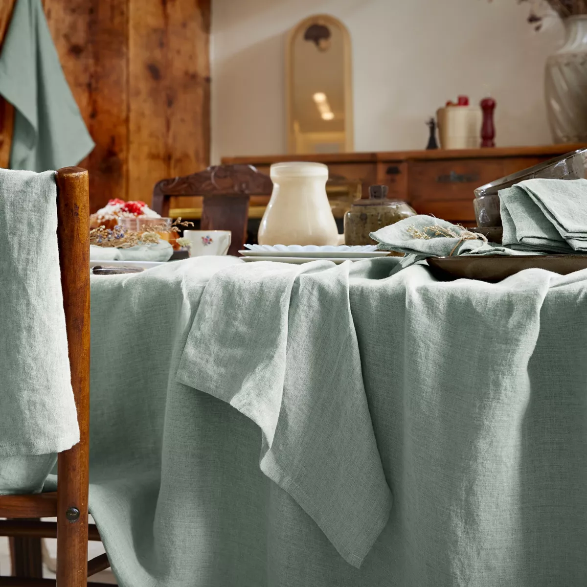 Tovaglia rettangolare lino lavato (L350 cm) Louise Verde eucalipto
