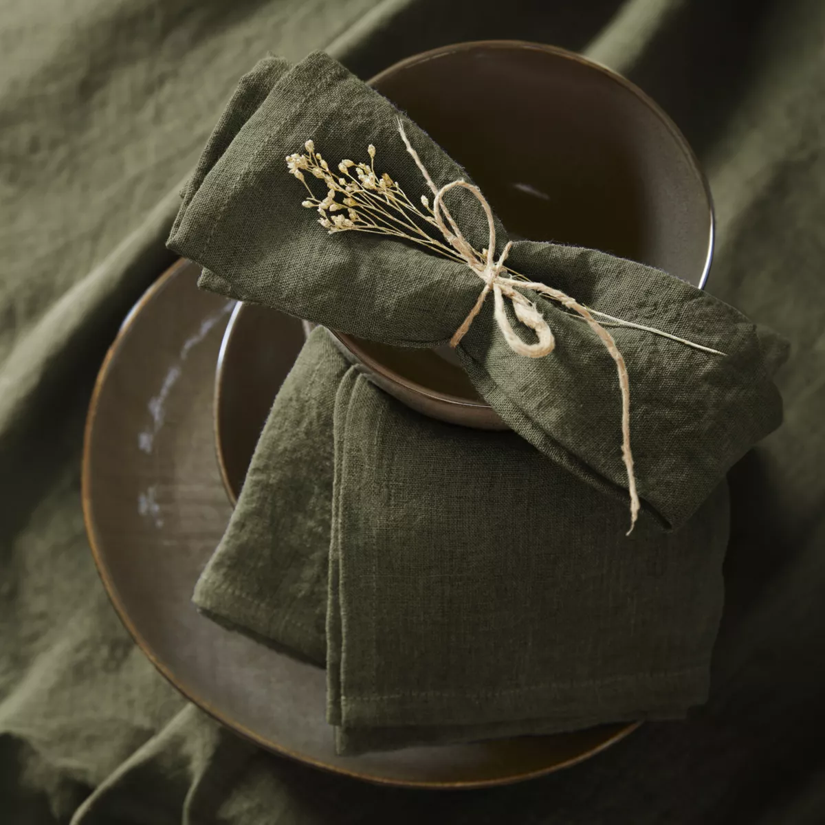 Lot de 3 serviettes lin lavé Louise Vert romarin 1