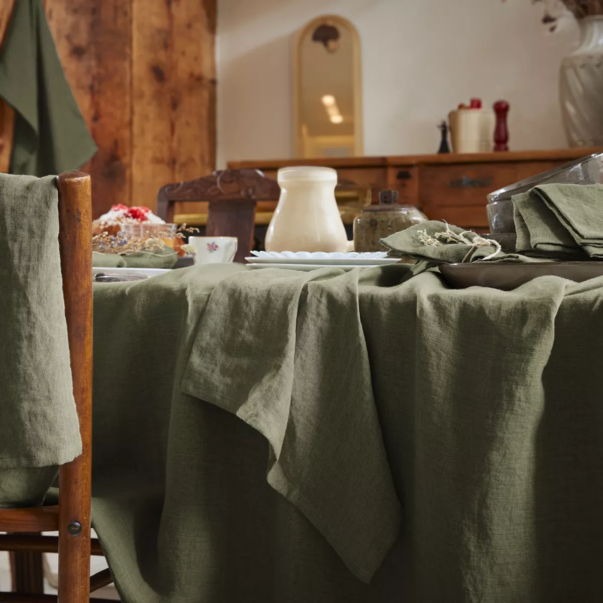 Lot de 3 serviettes lin lavé Louise Vert romarin