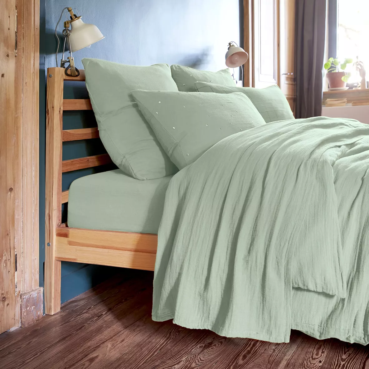 Taie d'oreiller carrée gaze de coton (60 x 60 cm) Gaïa Chic Vert eucalyptus