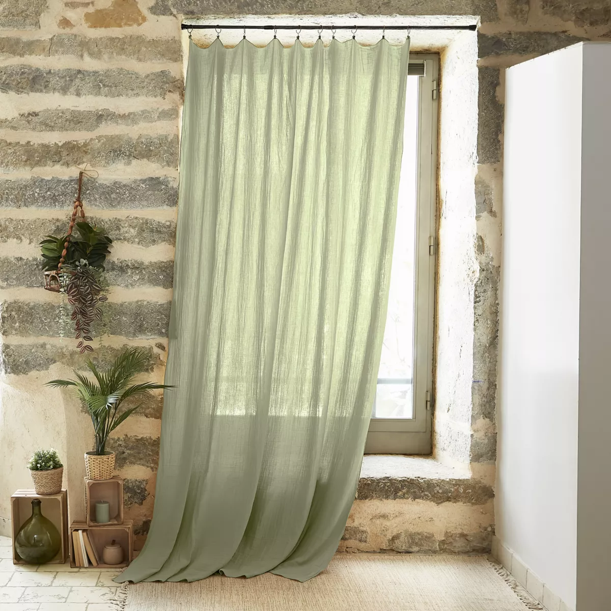 Rideau gaze de coton ajustable (140 x max 300 cm) Gaïa Vert tilleul