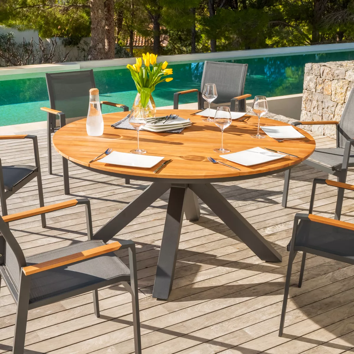 Table de jardin 8 places Aluminium/Teck Bali (D140 cm) - Gris anthracite 1