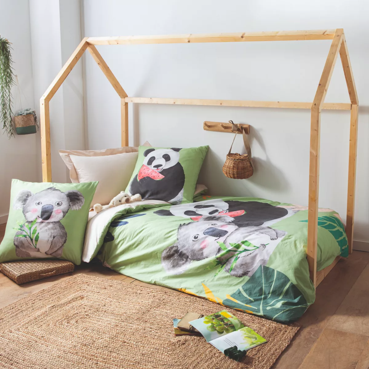Funda nórdica para niños en percal de algodón (140 x 200 cm) Panda Verde