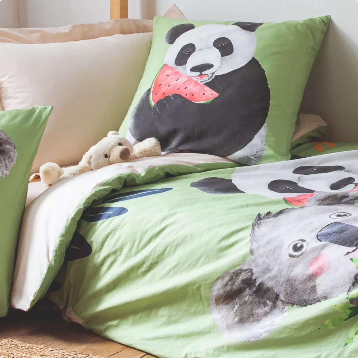 Funda nórdica para niños en percal de algodón (140 x 200 cm) Panda Verde