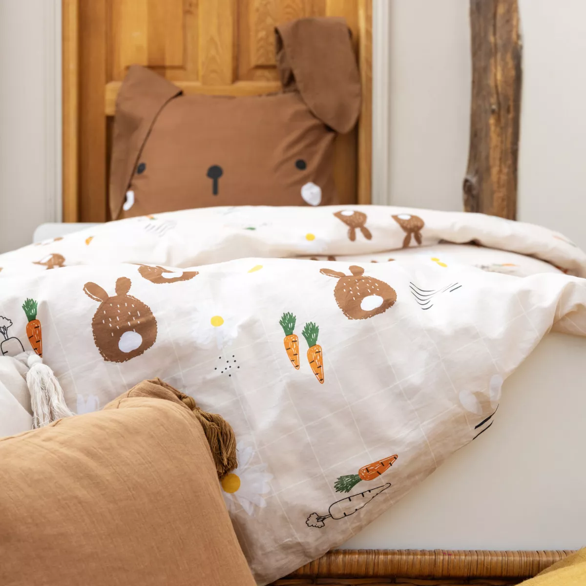 Copripiumino e due federe per bambini in cotone (240 x 220 cm) Pompon Marrone