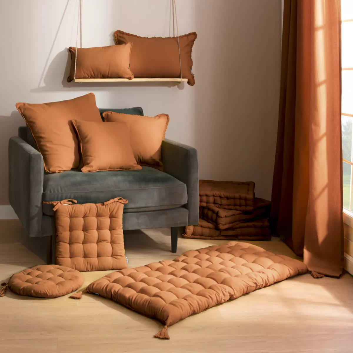 Coussin carré coton (45 x 45 cm) Pixel franges Camel