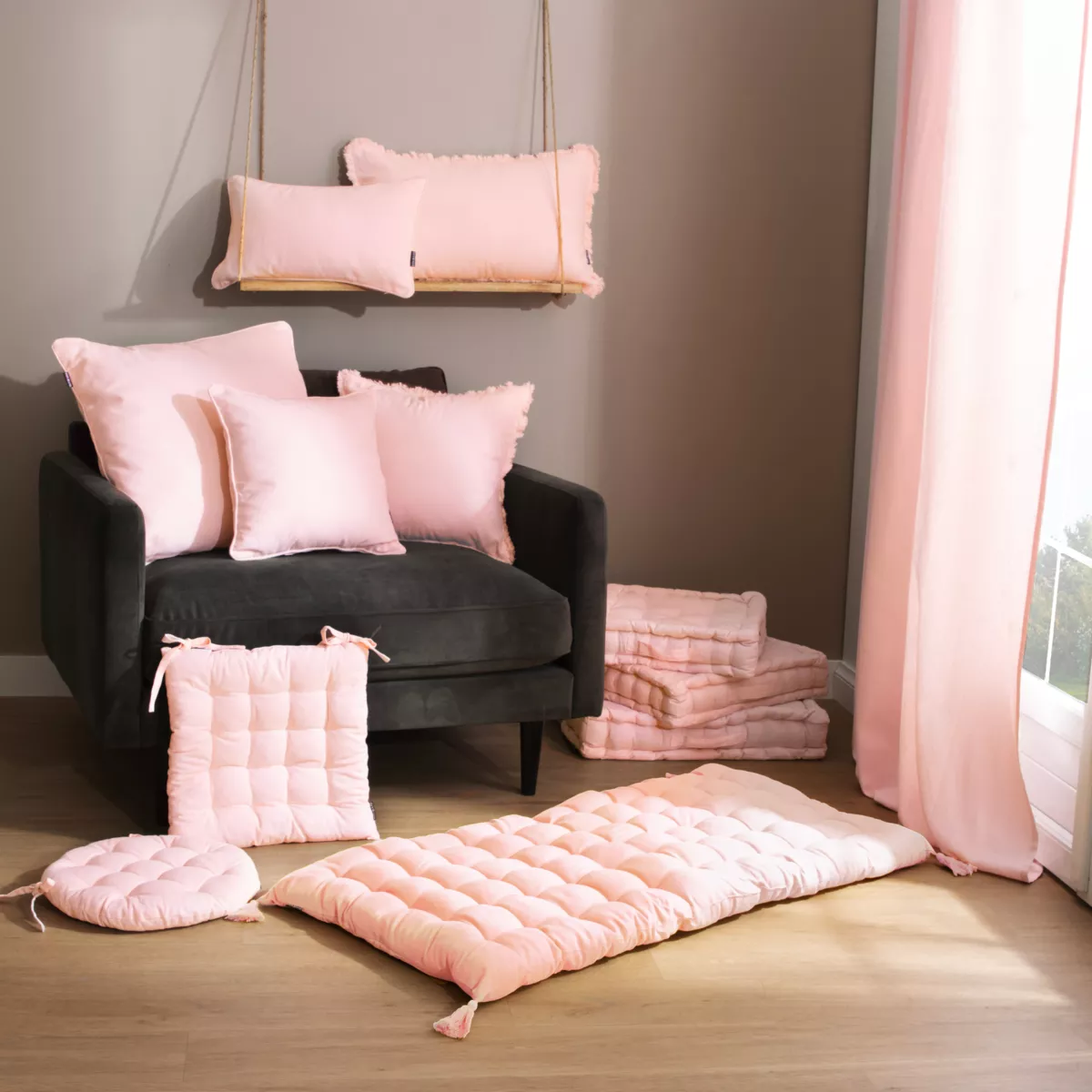 Cuscino quadrato in cotone (45 x 45 cm) Pixel con frange Rosa cipria