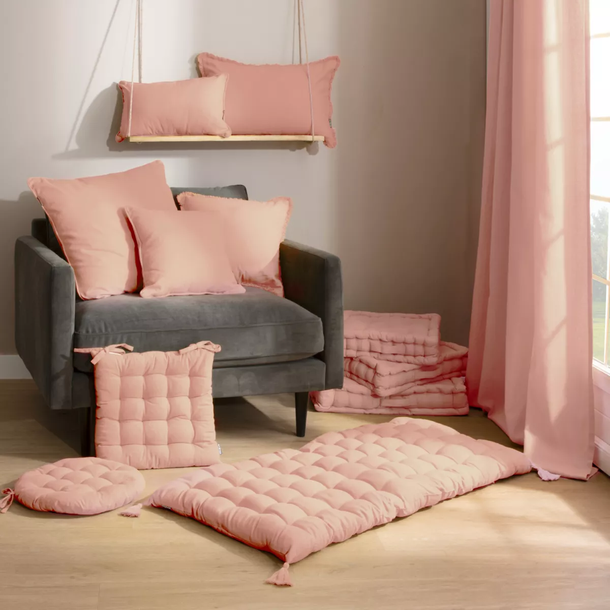 Cuscino quadrato in cotone (45 x 45 cm) Pixel con frange Rosa pesca