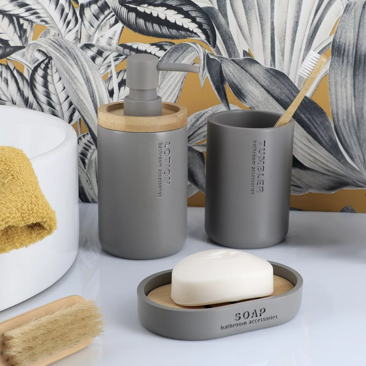 SET GOBELET DISTRIBUTEUR A SAVON ET PORTE SAVON POLYRESINE -  GRIS/BAMBOU