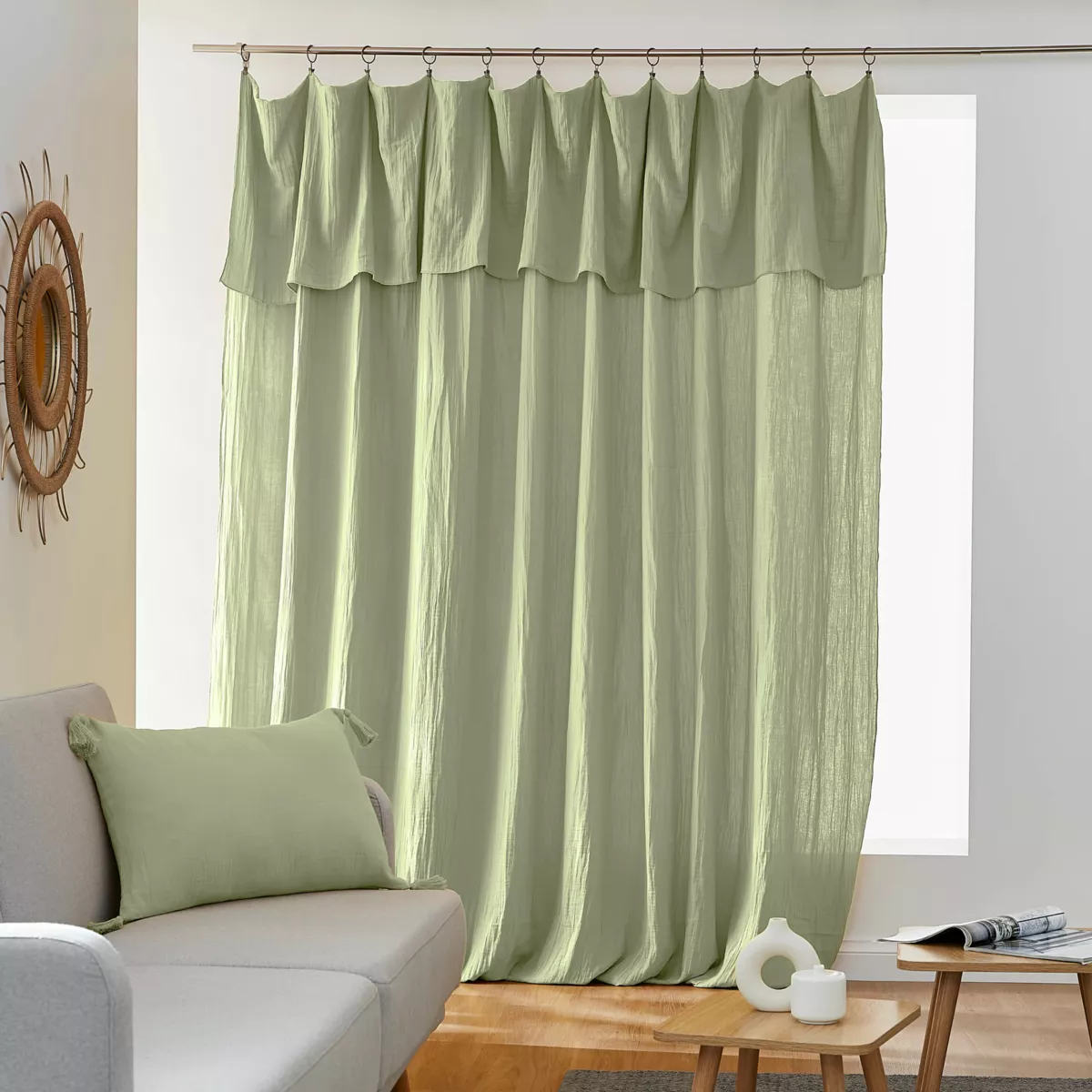 Rideau gaze de coton ajustable (280 x max 300 cm) Gaïa Vert tilleul