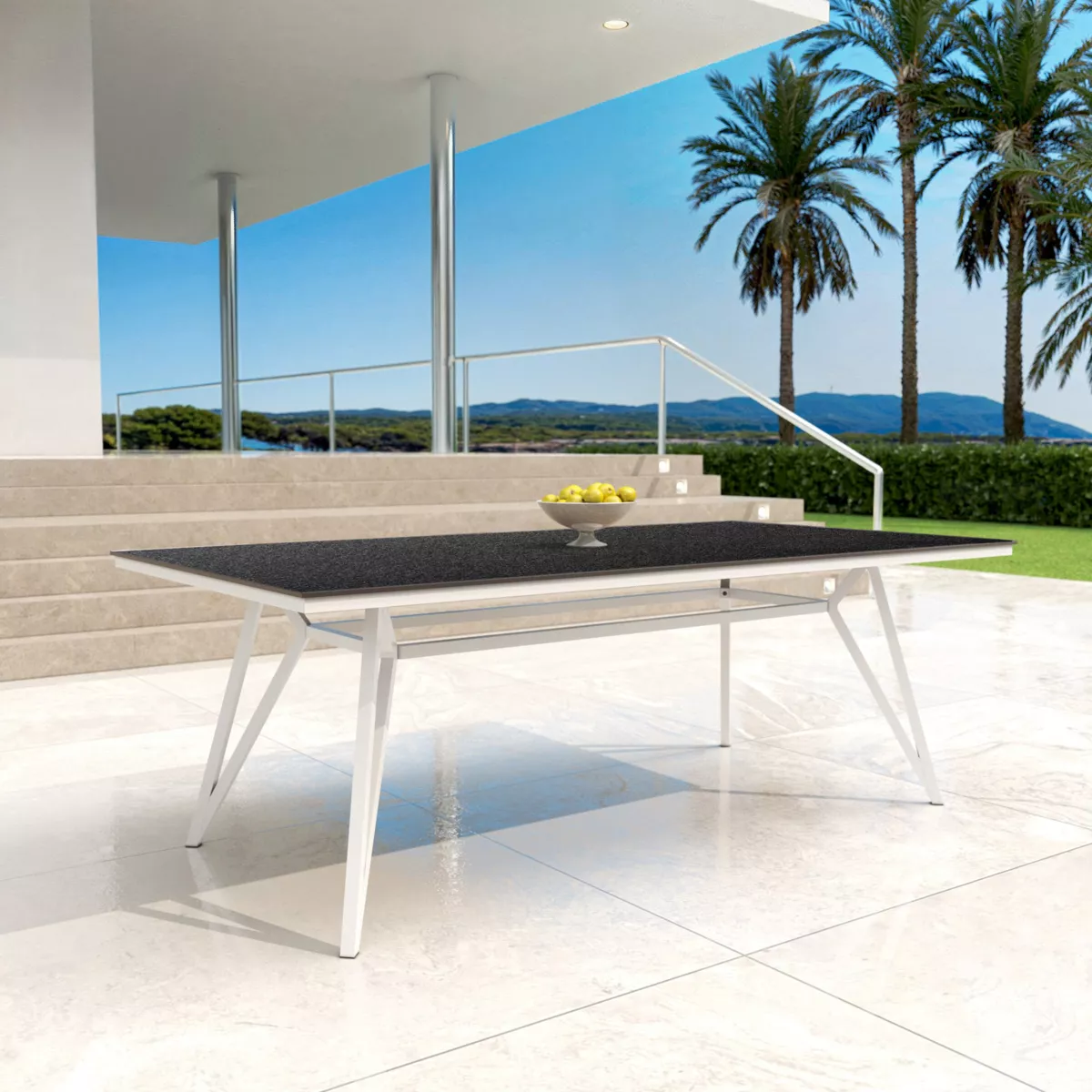 Table de jardin aluminium/HPL 10 places (220 x 115 cm) Biarritz - Effet pierre Anthracite/Blanc