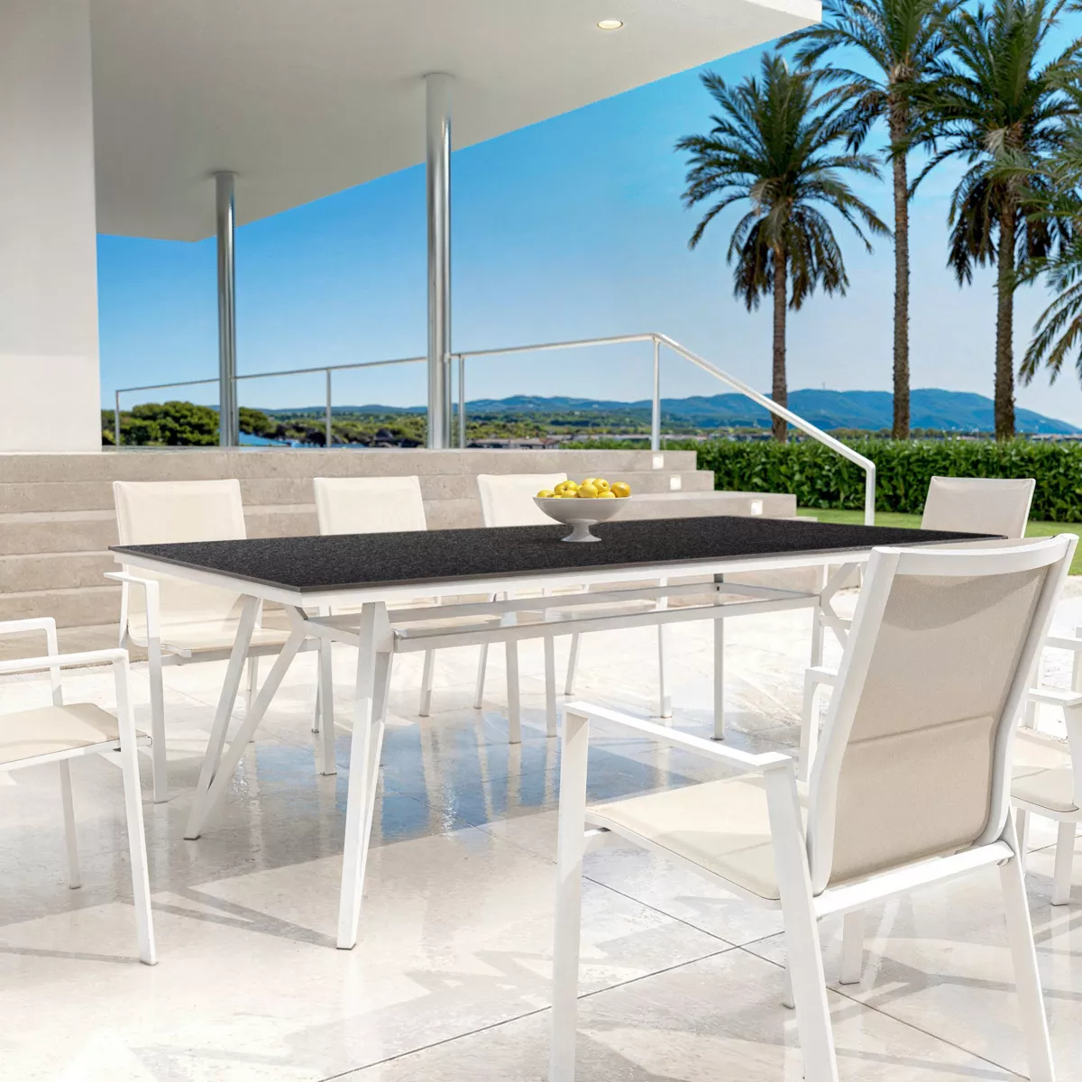 Table de jardin aluminium/HPL 10 places (220 x 115 cm) Biarritz - Effet pierre Anthracite/Blanc