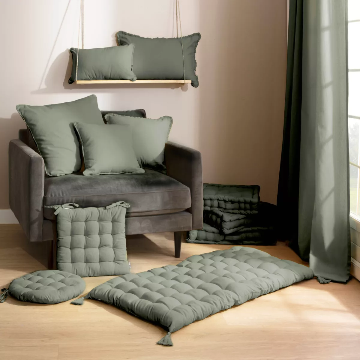 Cuscino rettangolare in cotone (40 x 60 cm) Pixel con frange Verde cachi
