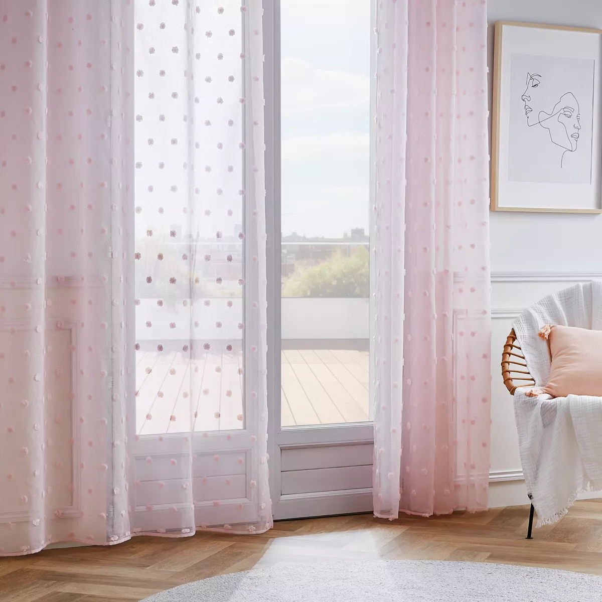 Voilage oeillets pompons (140 x 280 cm) Emie Rose