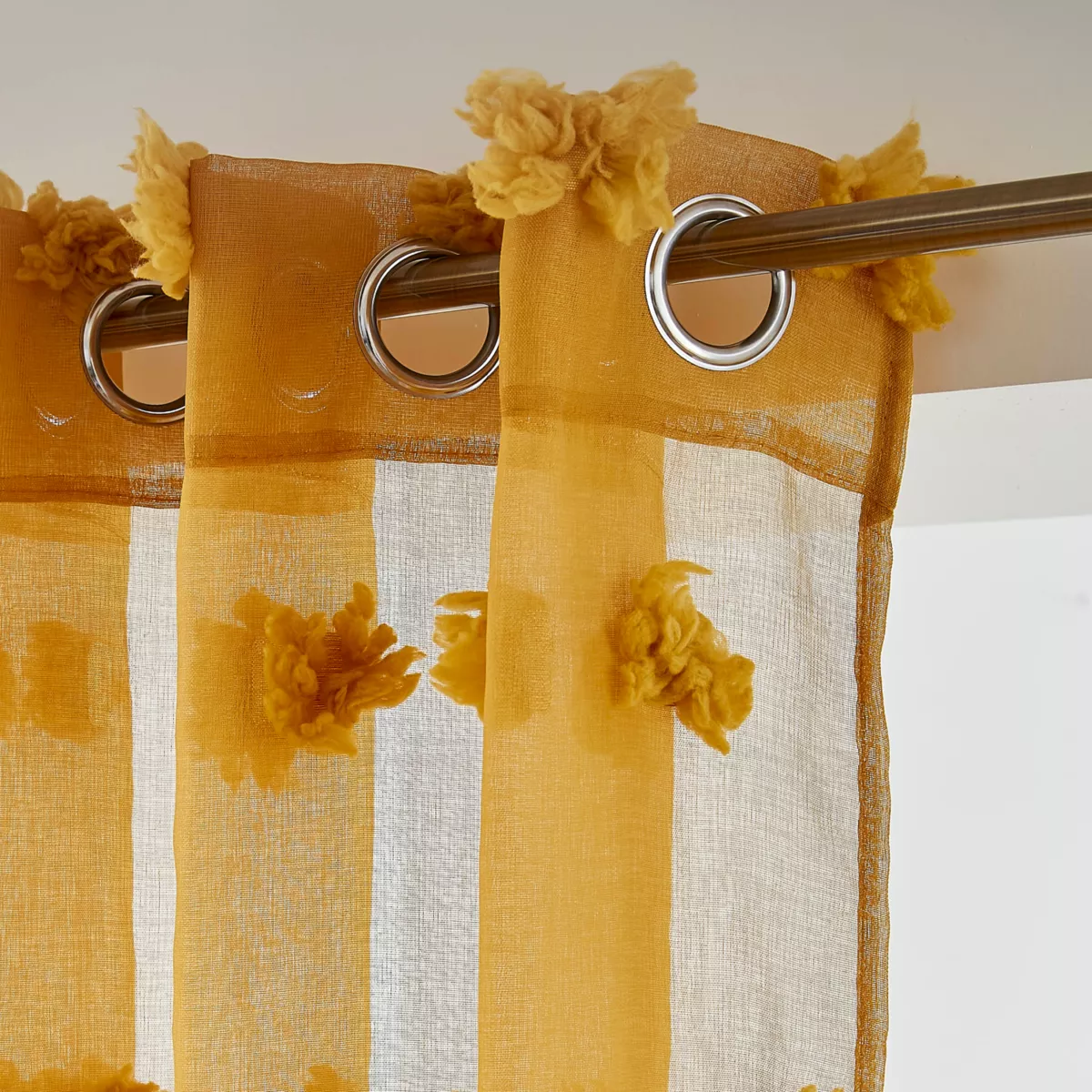 Voilage oeillets pompons (140 x 280 cm) Suzie Jaune moutarde