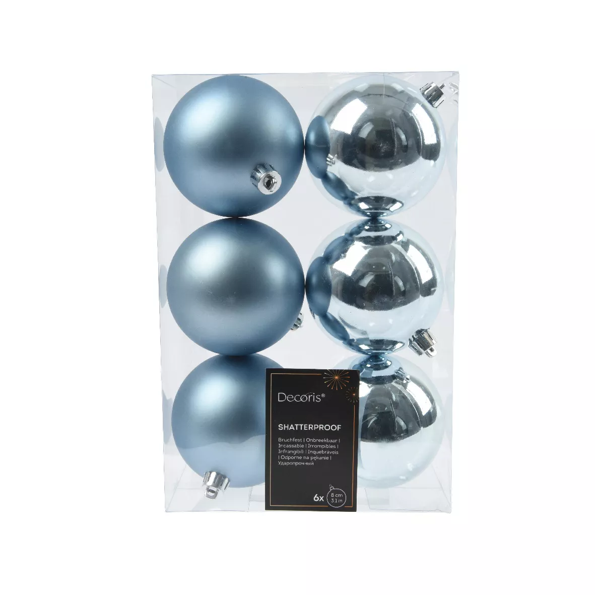 Lot de 6  Boules incassable brill- mat ALPINE dia8.00cm bleu glace