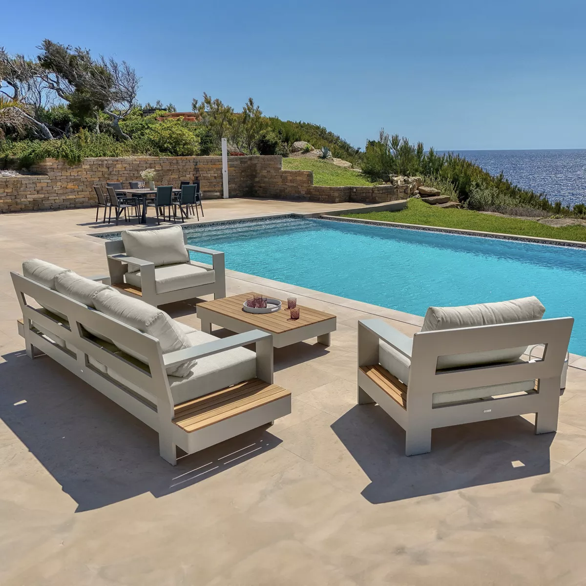 Salon de jardin aluminium/teck 5 places Antibes - Crème