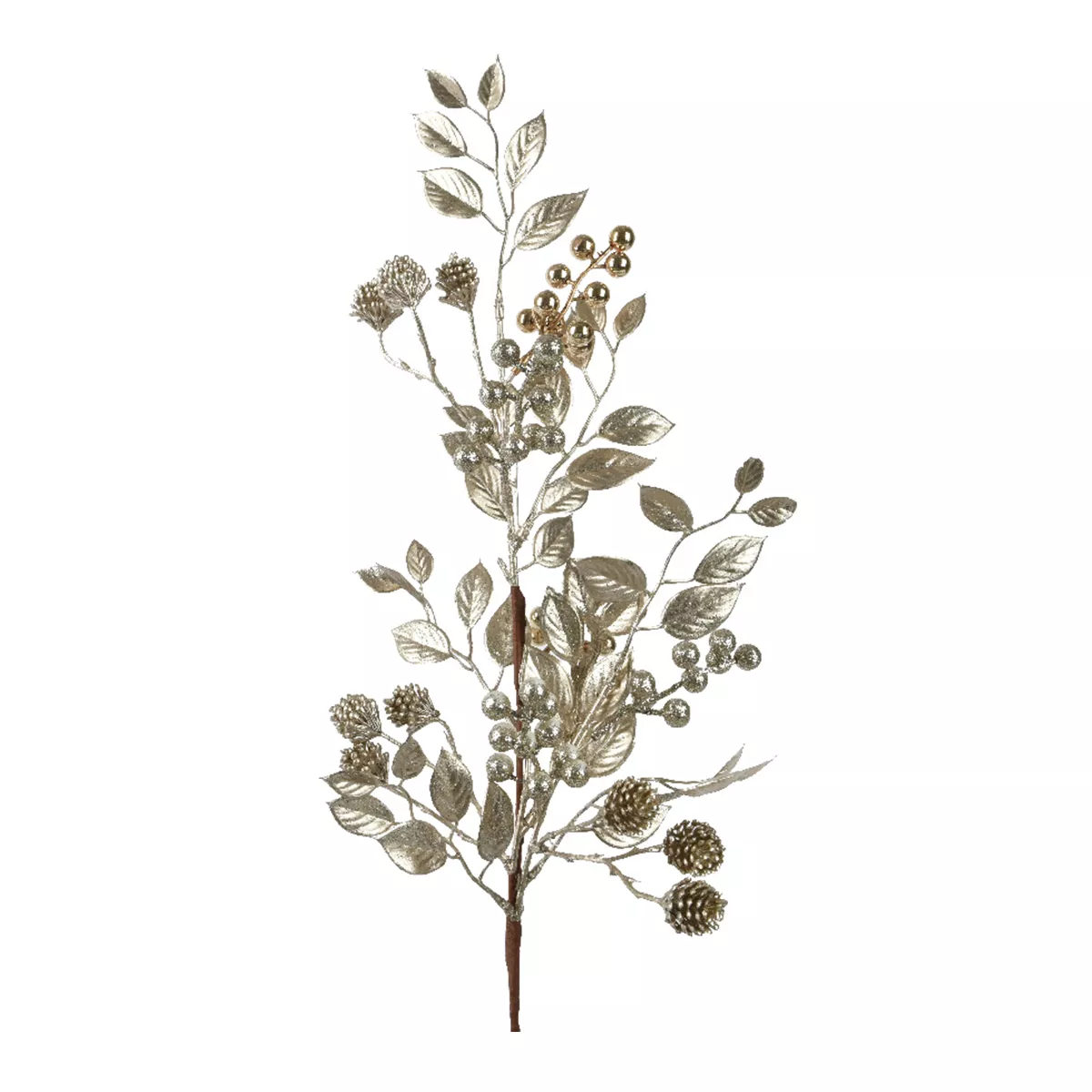 Dekozweig (H68 cm) Blätter und Beeren Perlfarben metallic