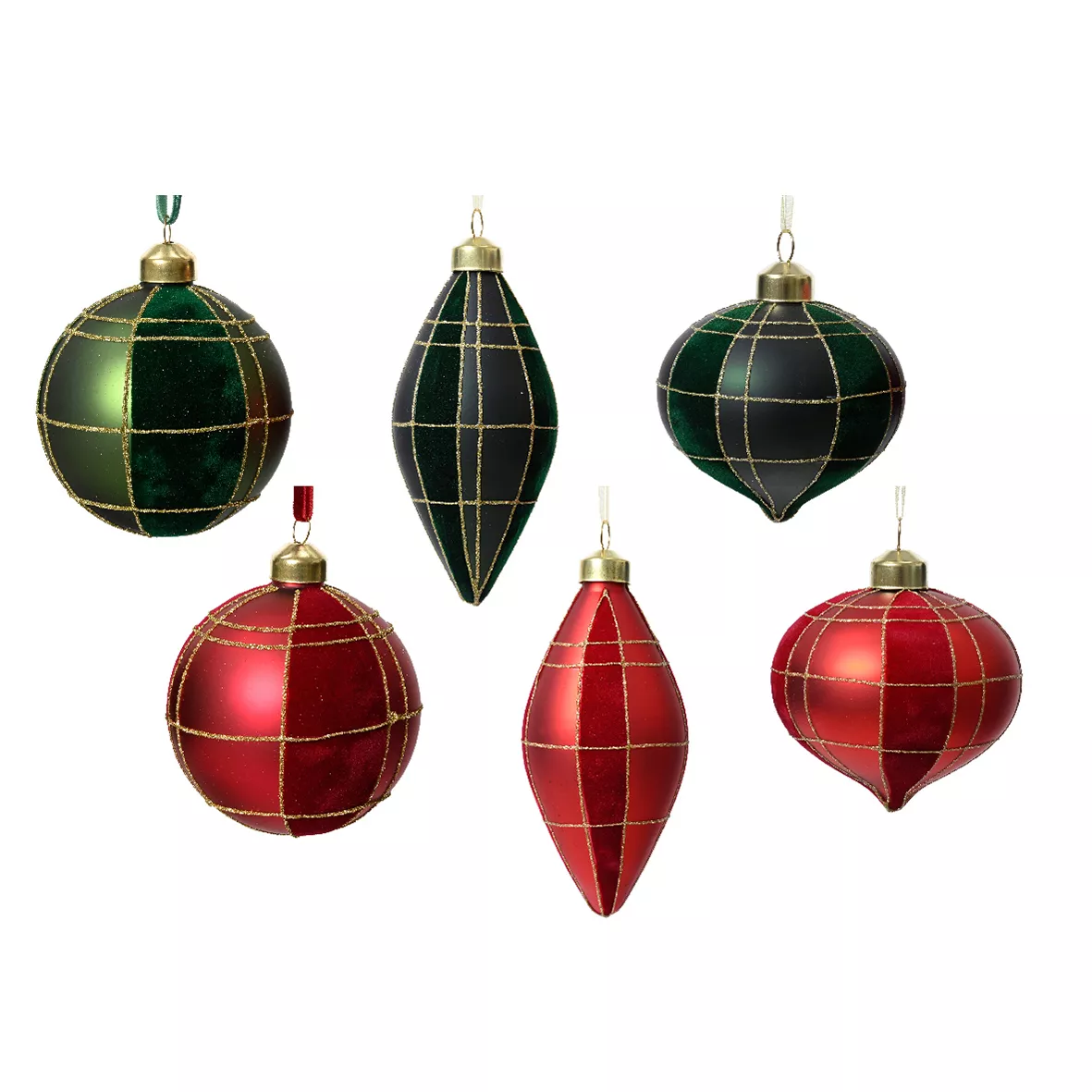 Set di 12 ornamenti di Natale in vetro (D80 mm) Velluto Rosso e verde