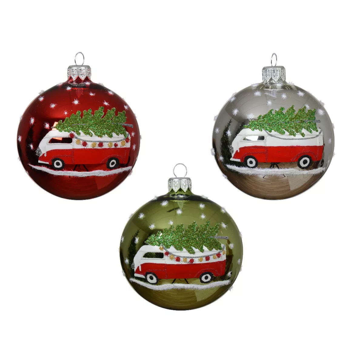 Set di 6 palline di Natale in vetro (D80 mm) Mini bus e Alberi di Natale