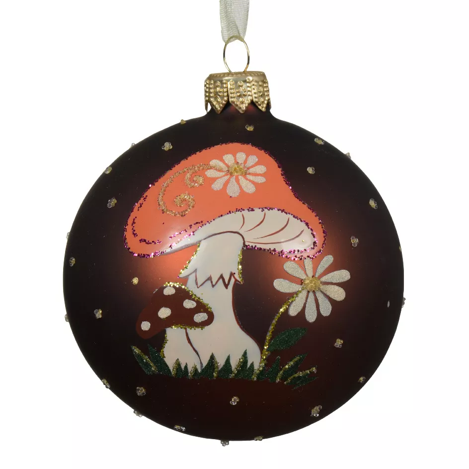 Lot de 6 boules de Noël en verre (D80 mm) Champignon des bois Brun