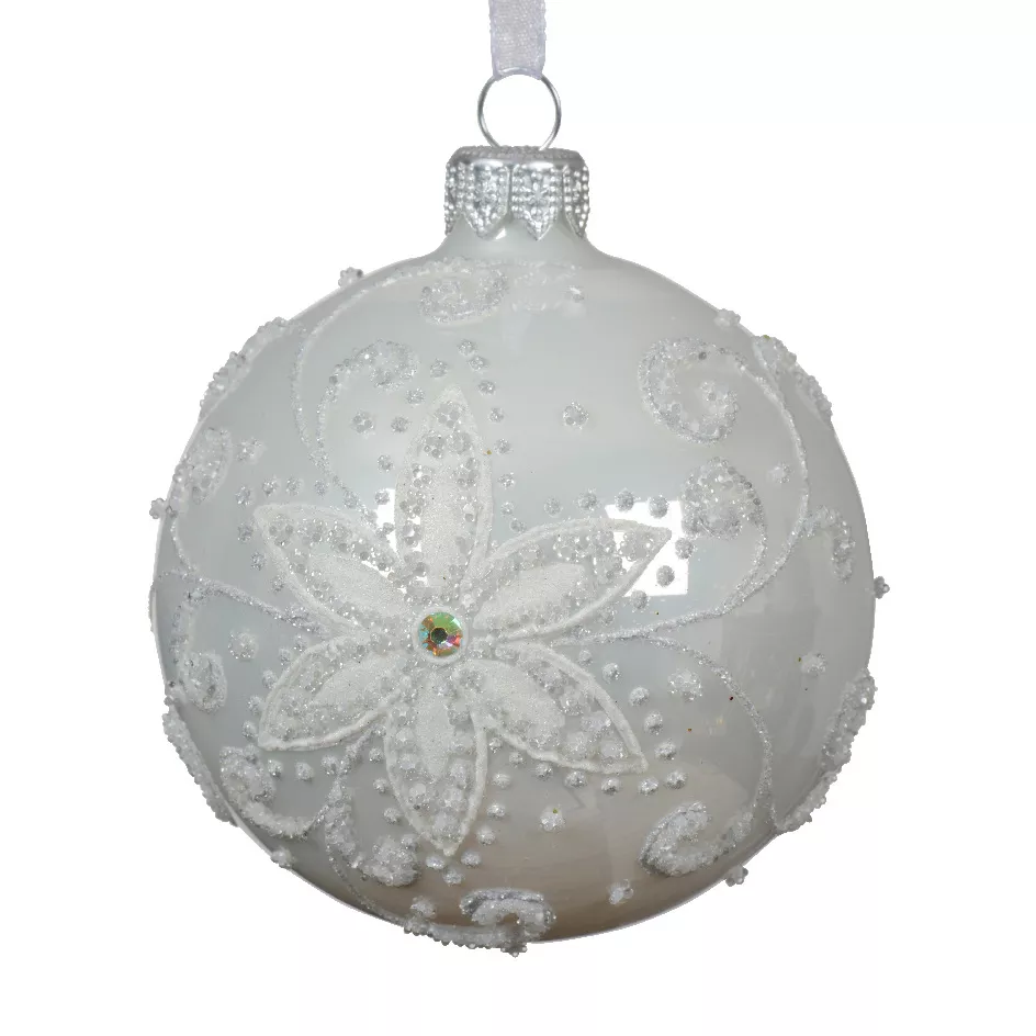 Lot de 6 boules de Noël en verre (D80 mm) Fleur de porcelaine Blanc